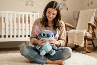 Jeune mère tenant une peluche Stitch respirante dans une chambre de bébé décorée en tons pastel