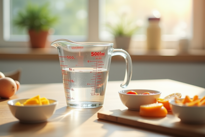 Verre doseur avec 500 ml d'eau dans une cuisine lumineuse