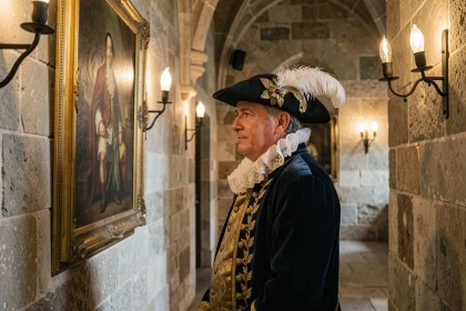 Reconstitution historique d'un noble français du XVIIe siècle dans un couloir de château en pierre, évoquant la succession de Louis XIII fils d'Henri IV