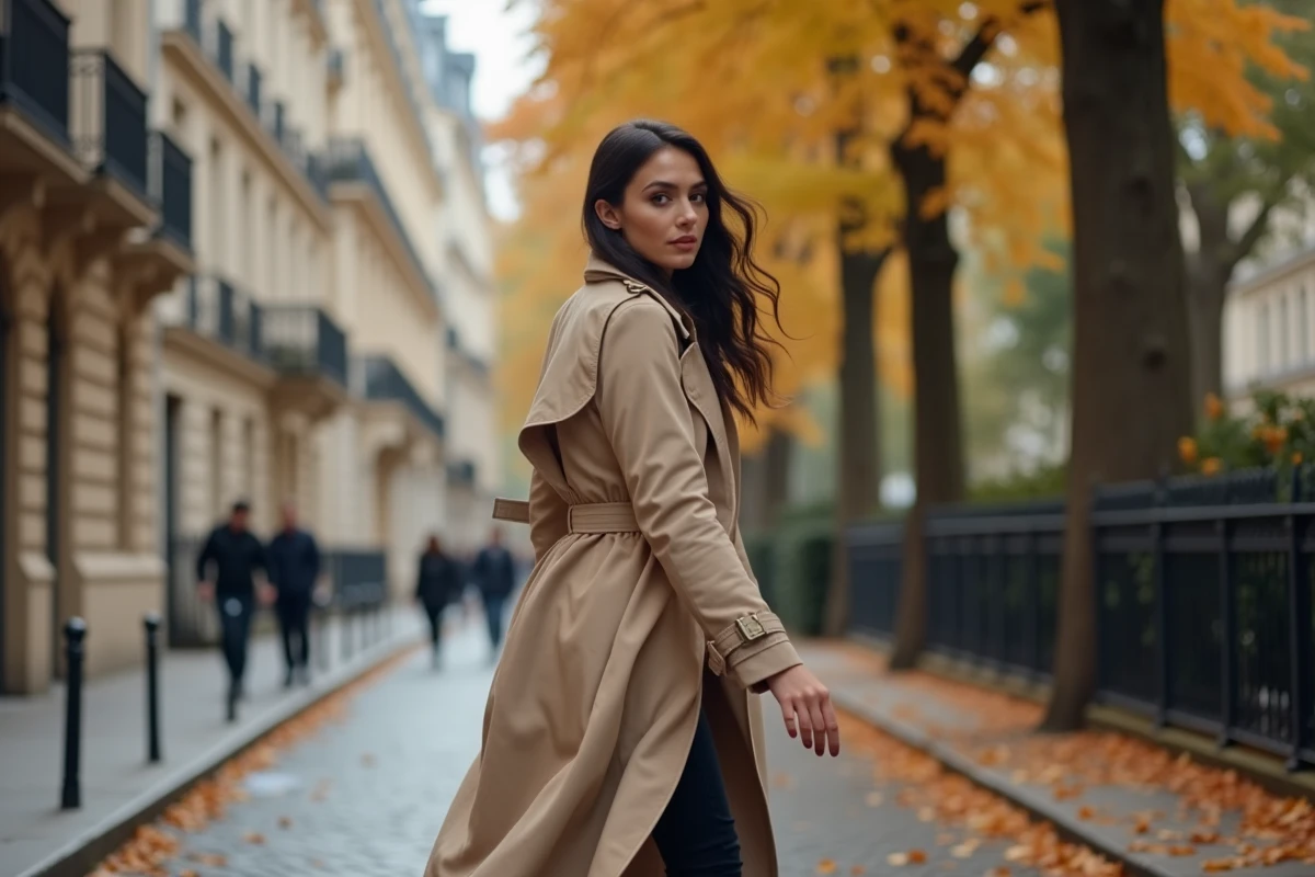 Femme marchant discrètement sur un boulevard parisien en automne, évoquant une vie sentimentale protégée