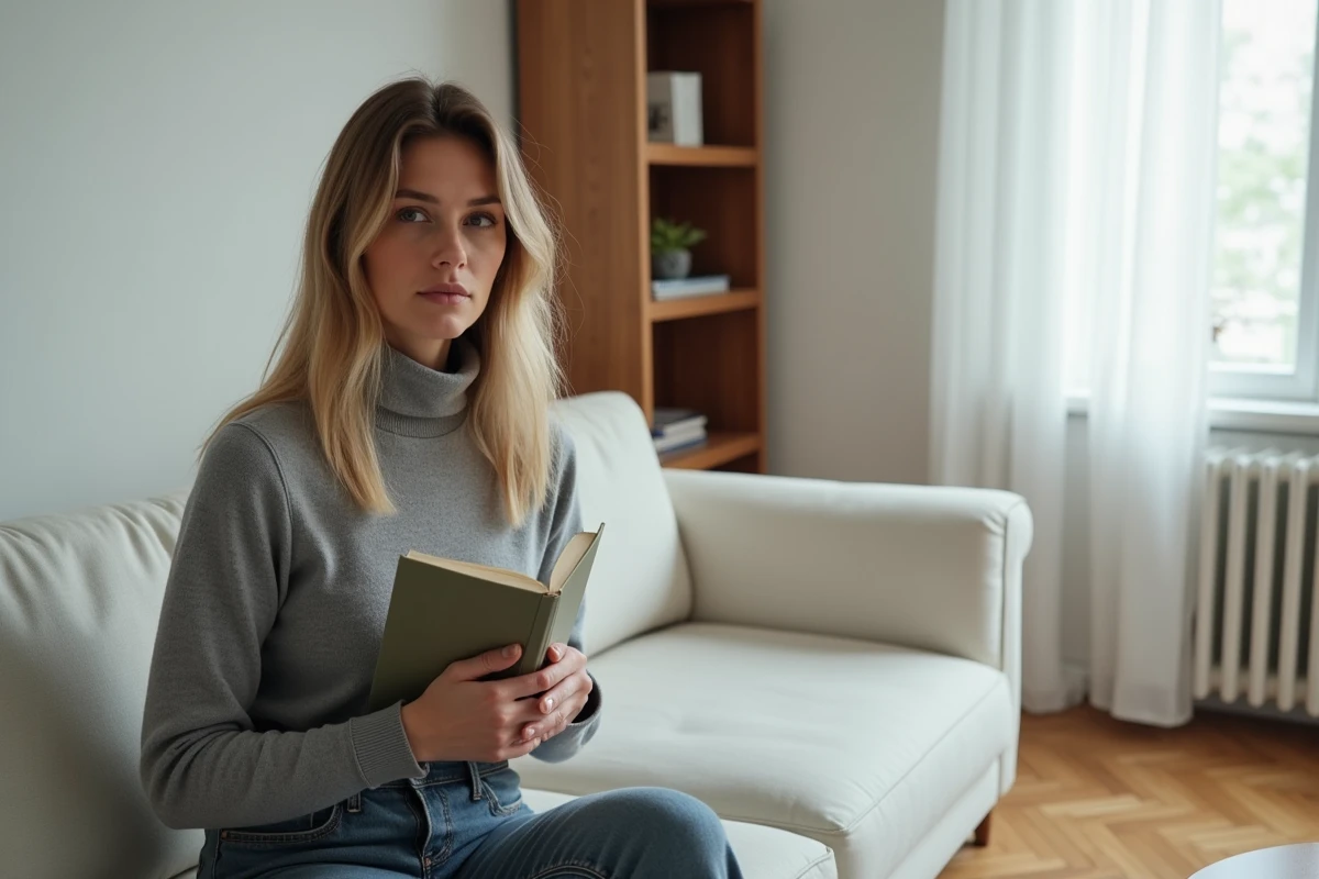 Femme pensive dans un appartement parisien minimaliste, symbole d'une vie intime et protégée