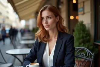 Femme élégante et discrète assise en terrasse de café parisien, illustrant une vie privée préservée