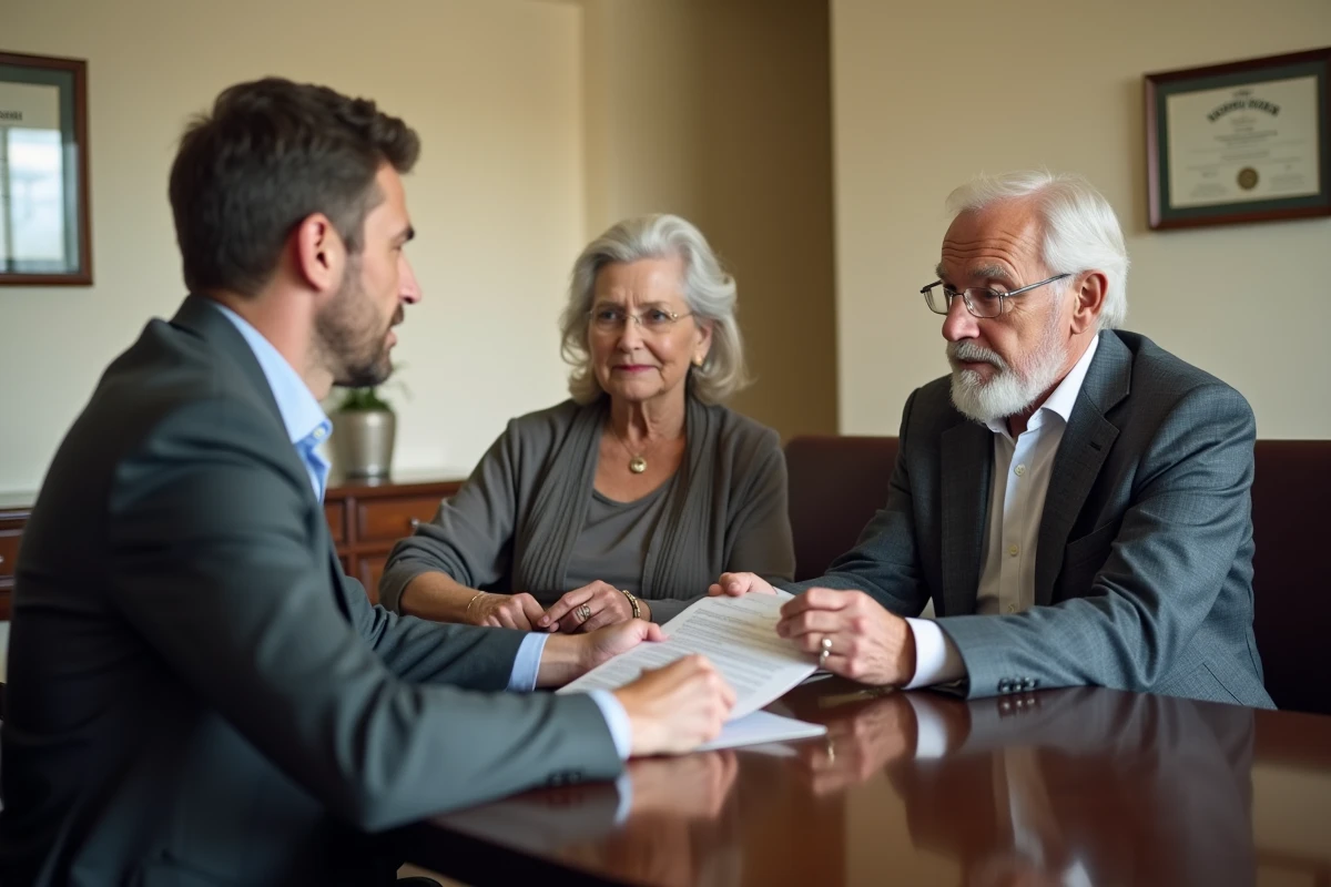 Notaire expliquant les clauses d'un testament à un couple de retraités dans un bureau notarial, symbolisant les démarches légales et les coûts associés