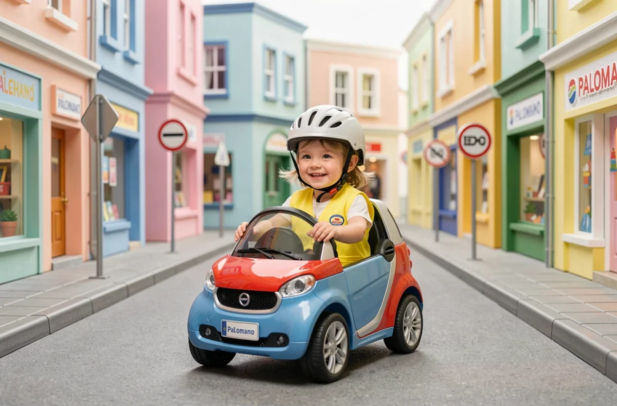 Petite fille au volant d'une voiturette électrique dans la mini-ville immersive Palomano, espace de jeux pour enfants de moins de dix ans
