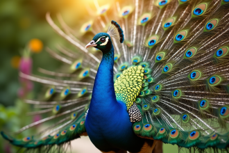 Paon déployant ses plumes dans un jardin ensoleille