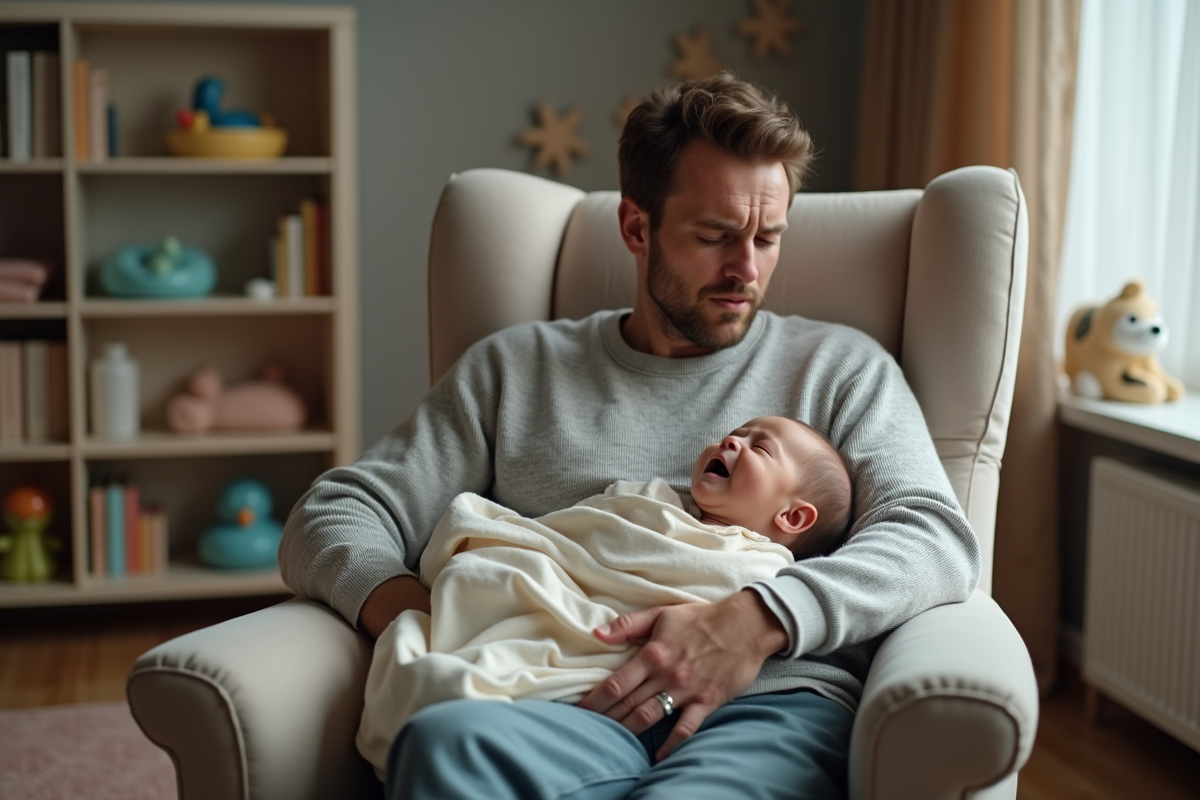 Pere fatigué berçant son bébé dans une nurserie moderne