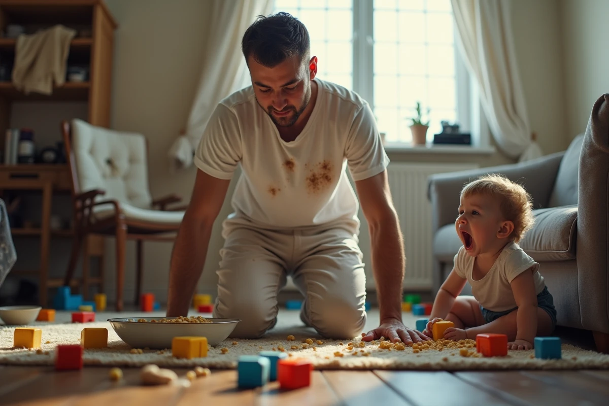 Papa agenouillé au sol dans un salon en désordre face à un enfant en pleine crise de colère entouré de jouets éparpillés