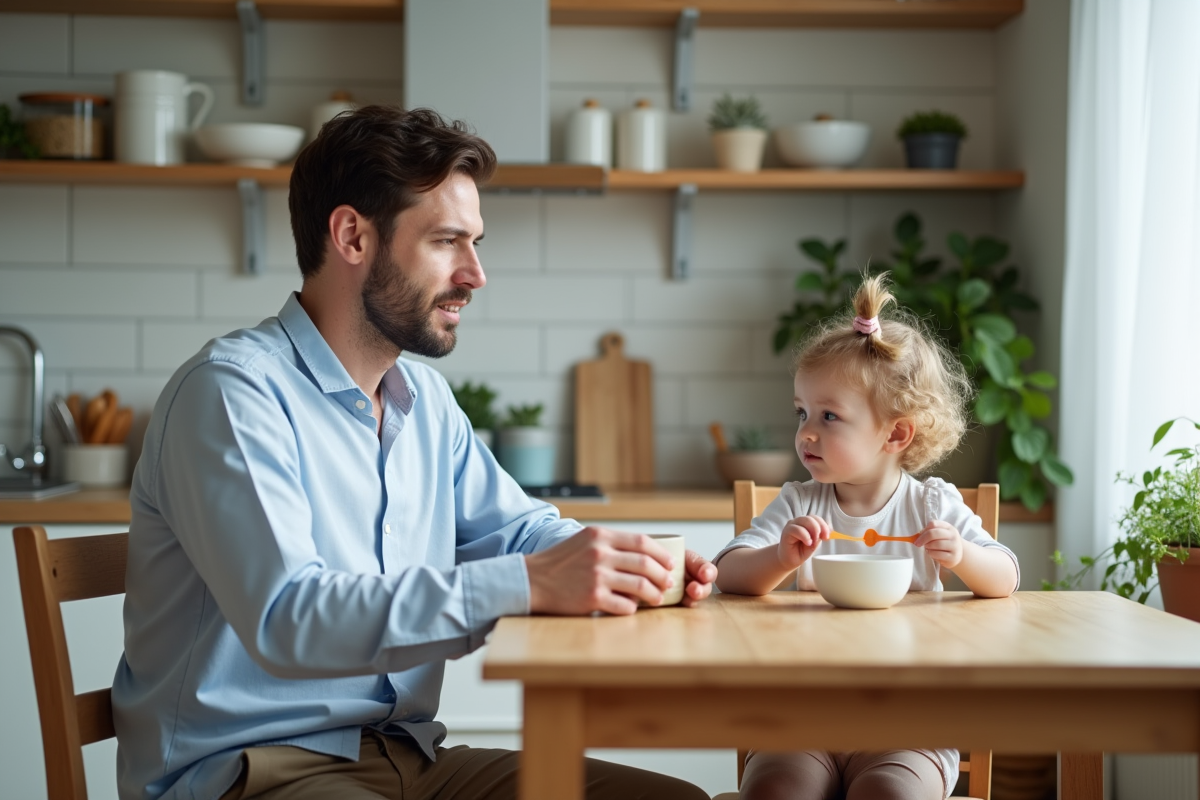 Papa regarde sa fille jouer avec une cuillère dans la cuisine