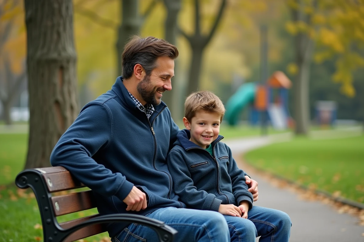Père et fils discutant dans un parc vert en plein air