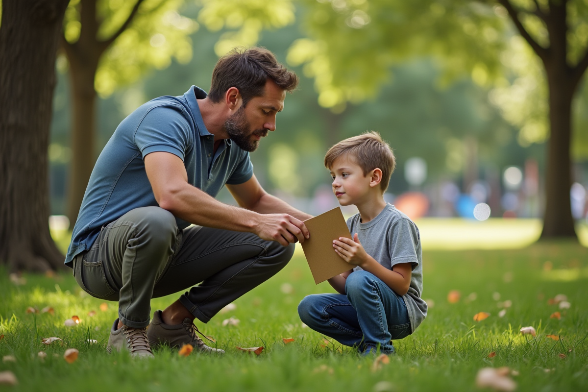 Père et fils lisent une carte dans un parc en famille
