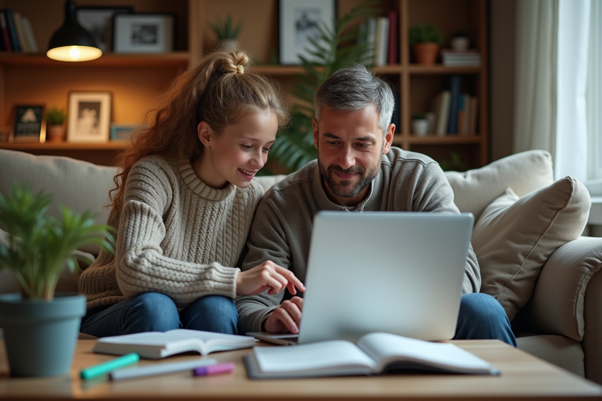 Père aidant sa fille adolescente dans un salon cosy