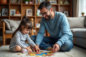 Père et fille jouent avec un puzzle dans un salon chaleureux
