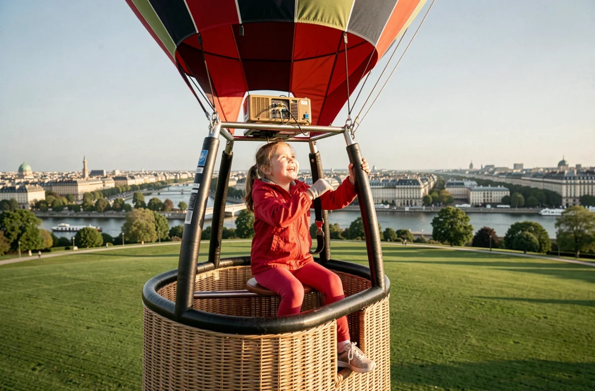 Fillette souriante à bord du ballon captif du Parc André-Citroën, avec la pelouse et les toits de Paris visibles en contrebas