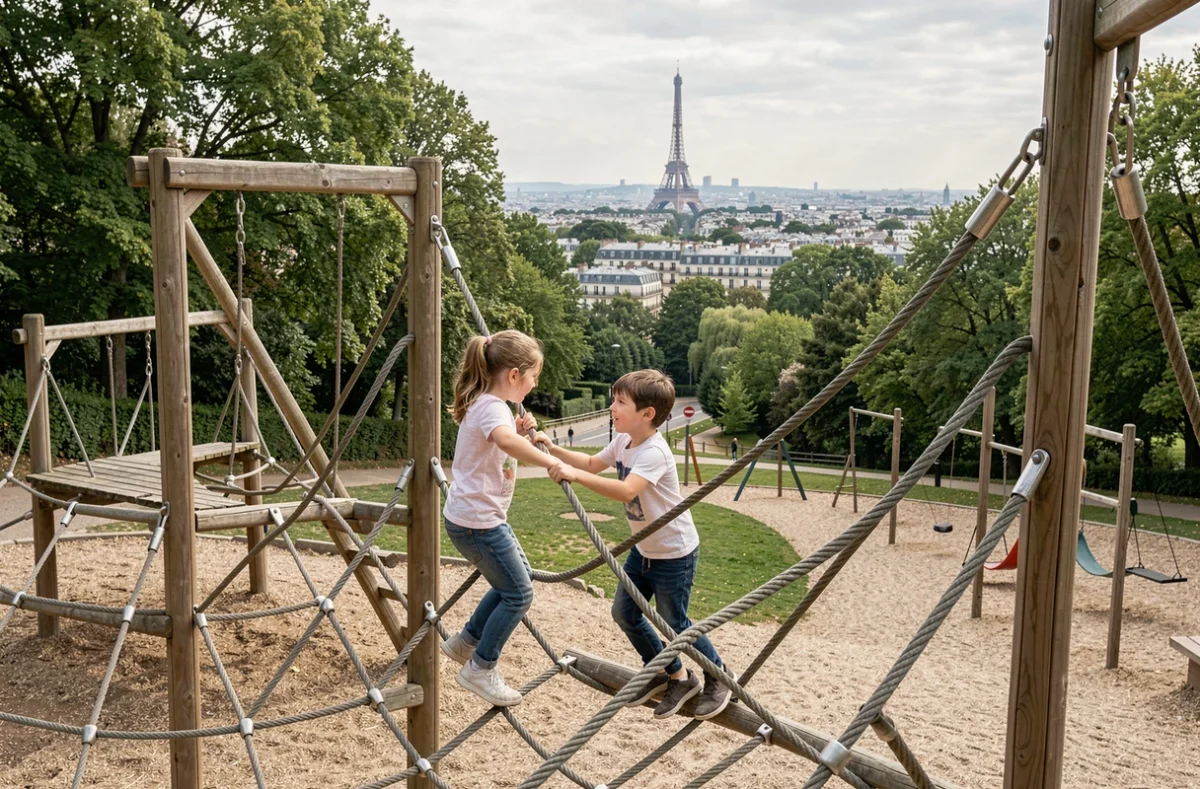 Deux enfants grimpant sur une structure en bois au Parc de Belleville, aire de jeux en dénivelé avec vue sur Paris