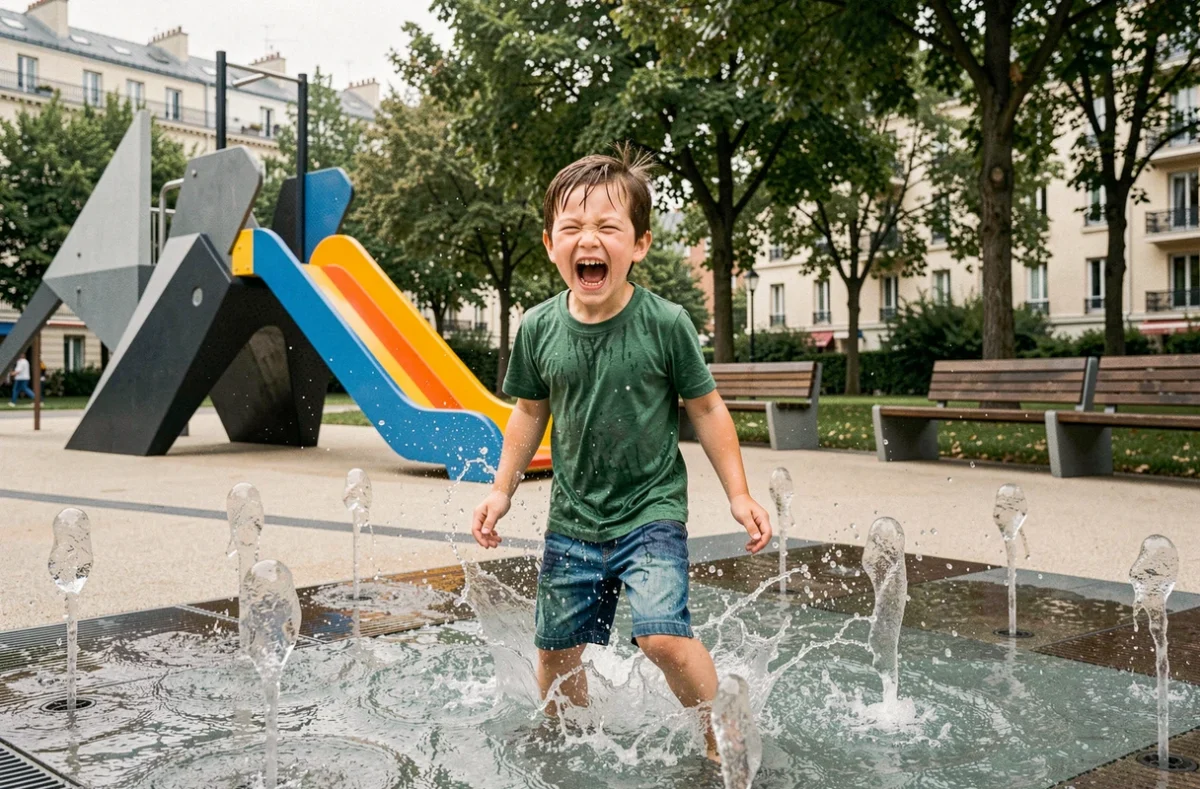 Garçon riant en courant dans les jets d'eau au sol du Parc Clichy-Batignolles, aire de jeux contemporaine avec toboggans