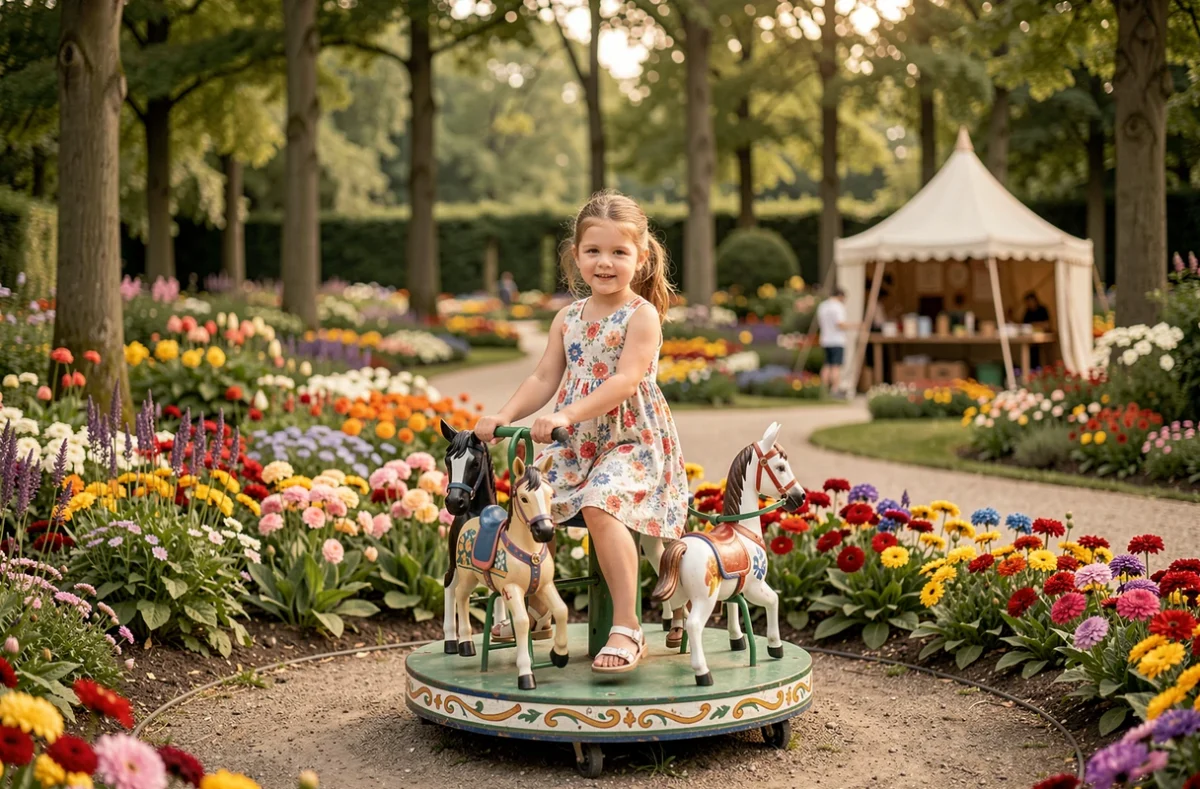 Fillette sur un manège peint au Parc Floral de Paris, entourée de massifs de fleurs colorés et d'ateliers saisonniers
