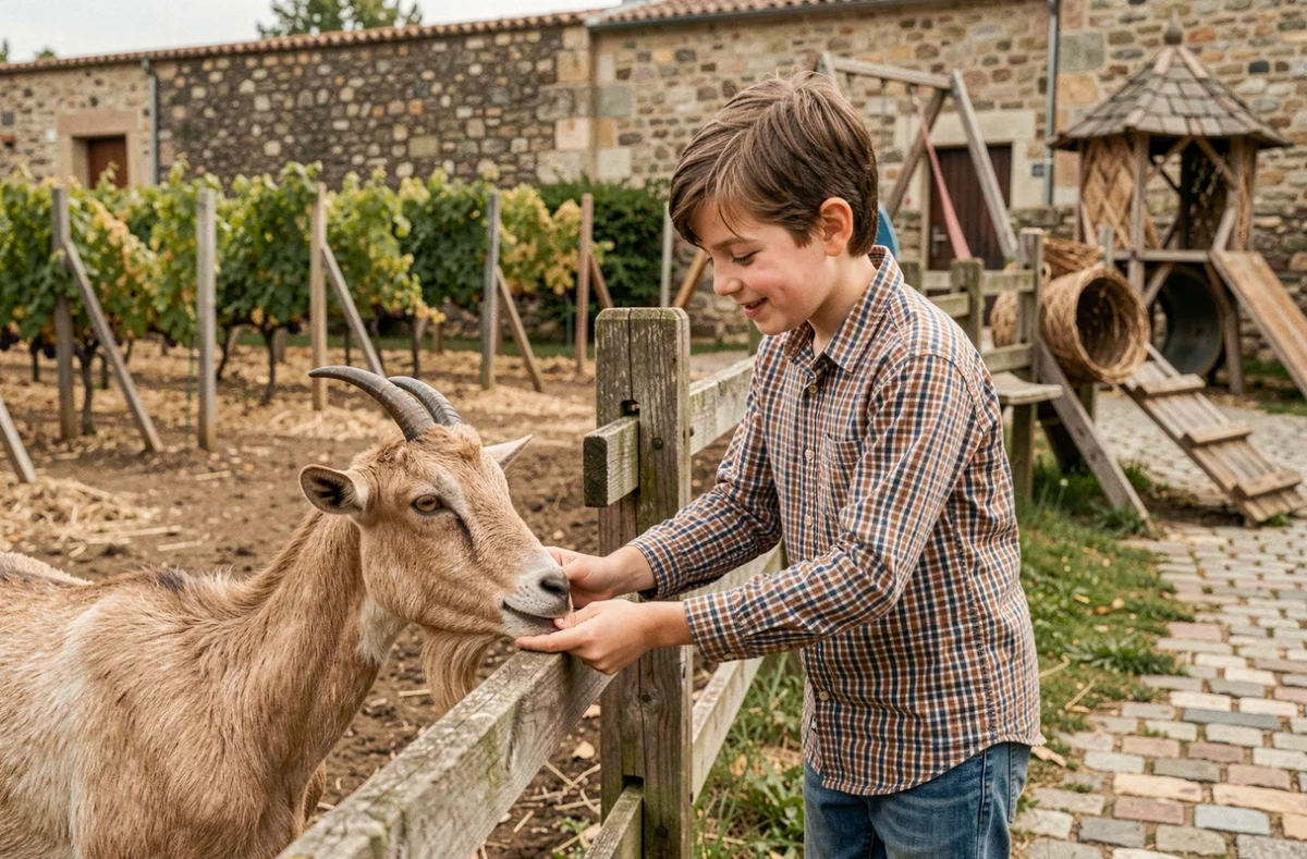 Garçon nourrissant une chèvre à la ferme du Parc Georges Brassens, avec la vigne et les jeux atypiques en arrière-plan