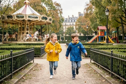 Enfants courant et riant dans un parc de loisirs parisien verdoyant avec manèges et aires de jeux en arrière-plan