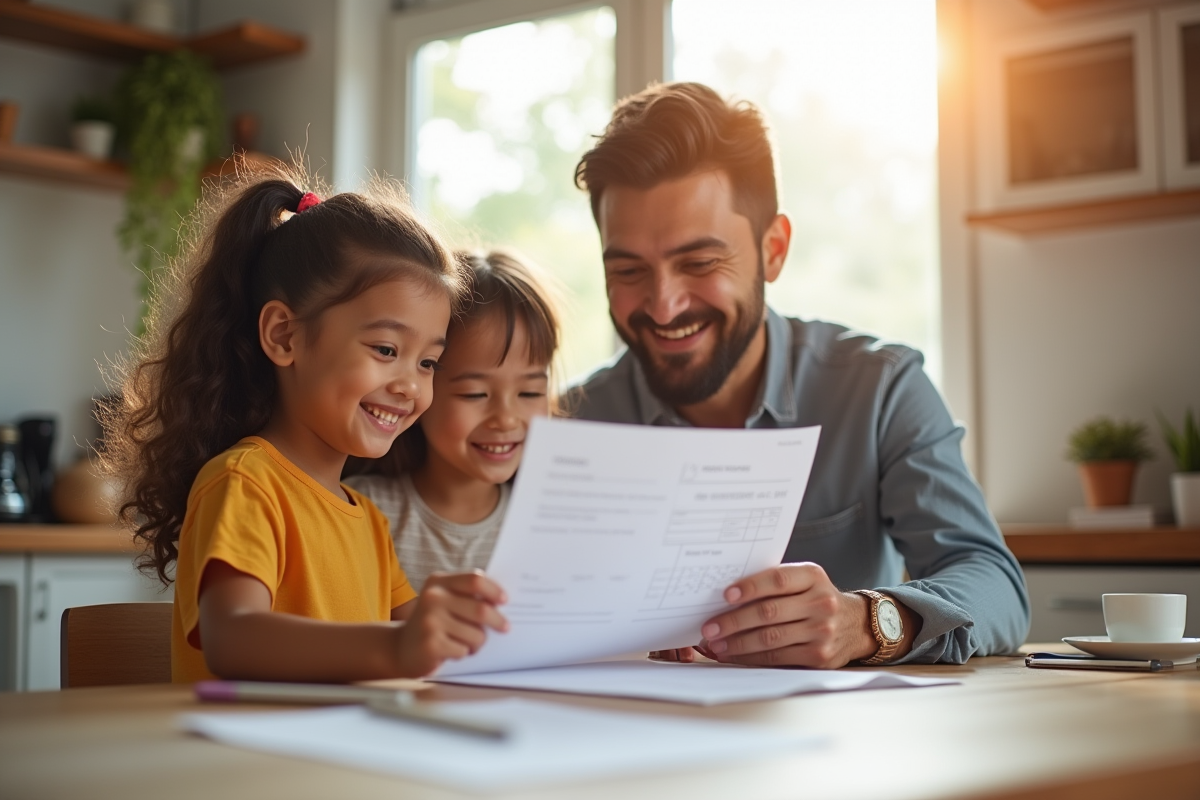 Parents et enfant regardant un bulletin scolaire à la maison