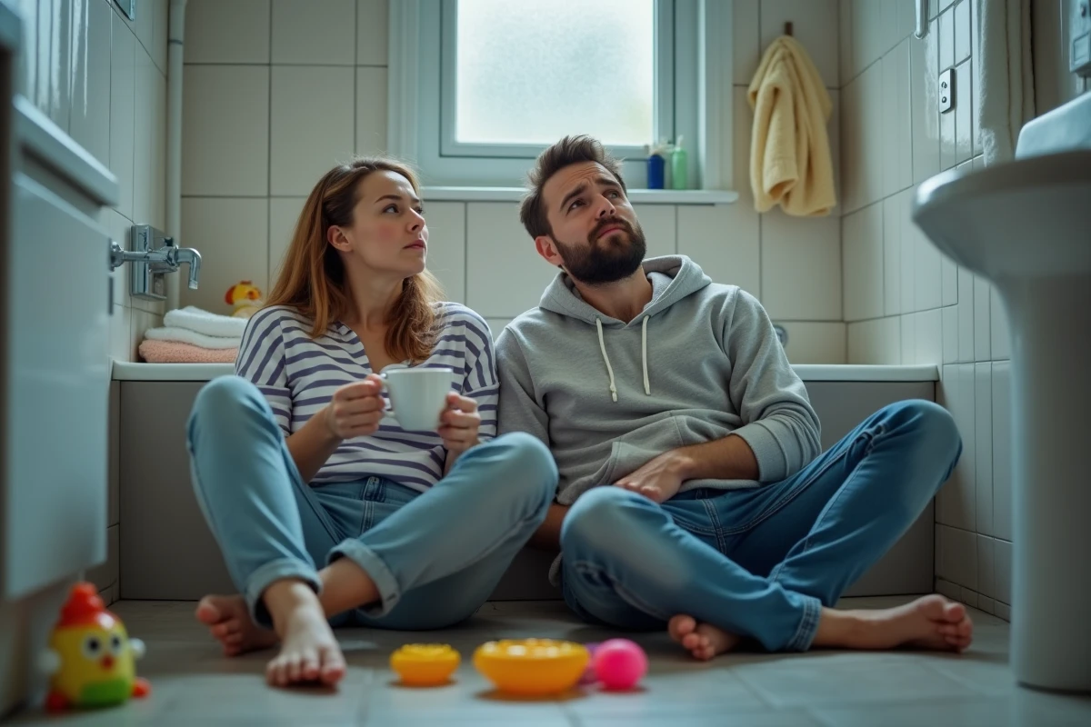 Deux parents épuisés assis sur le sol de la salle de bain entourés de jouets de bain partageant un moment de pause comique