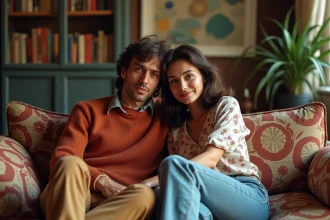 Paul et Natacha Gainsbourg jeunes assis sur un sofa vintage