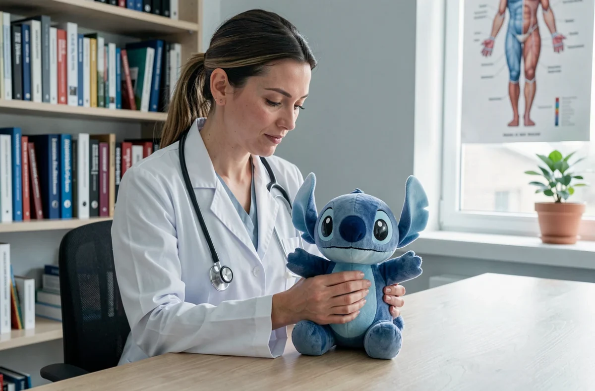 Pédiatre en cabinet médical examinant une peluche Stitch respirante lors d'une consultation