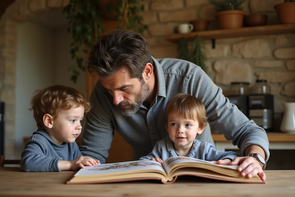 Père lisant Le Petit Poucet à voix haute à ses enfants autour d'une table en bois dans une cuisine de campagne française