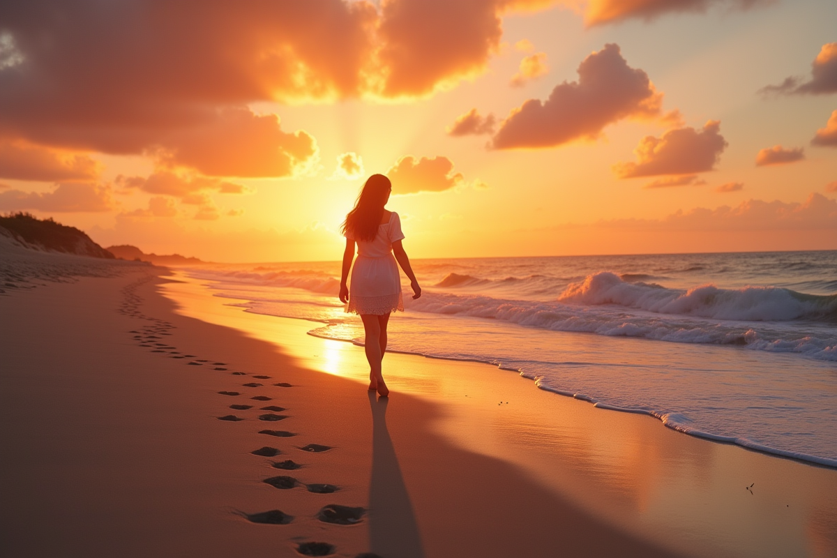 Personne marchant sur la plage au coucher du soleil