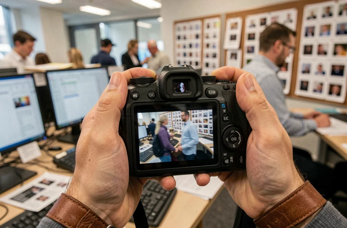 Photographe tenant un appareil photo affichant une image floue dans une salle de rédaction, symbolisant l'introuvabilité des photos de couple dans les médias