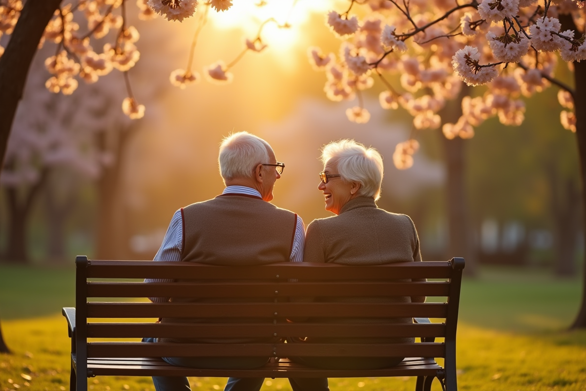 Couple agee riant sur un banc dans un parc ensoleille