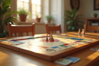 Plateau de Monopoly en bois sur une table en bois naturel