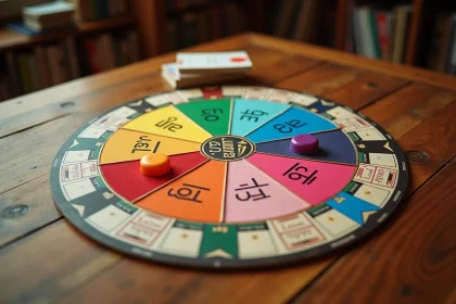 Plateau de Trivial Pursuit vu du dessus sur une table en bois, montrant les cases colorées et les segments du jeu
