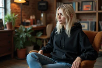 Femme blonde assise dans un fauteuil vintage en studio