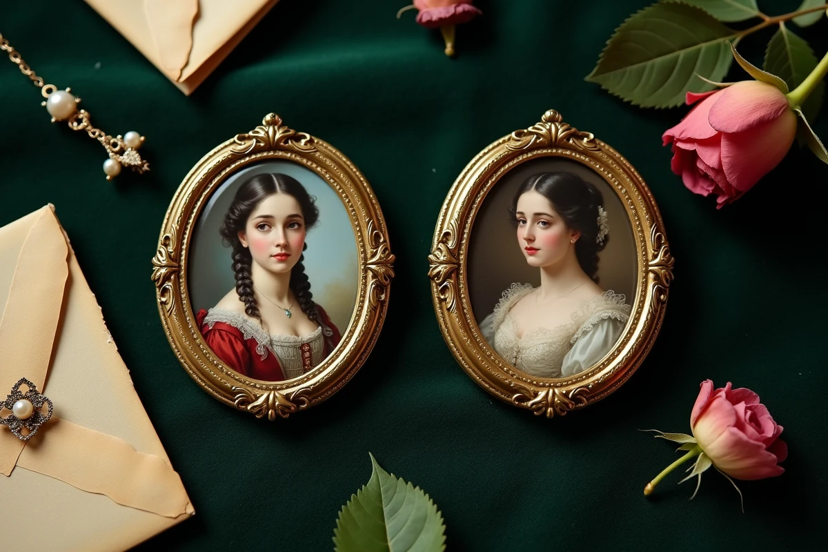 Deux miniatures portraits en cadres dorés ovales du XIXe siècle représentant Sissi et sa sœur, entourées d'objets personnels anciens
