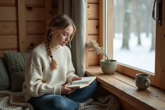 Jeune femme scandinave avec tresse blonde dans un chalet nordique tenant un carnet ouvert, ambiance hygge douce et authentique
