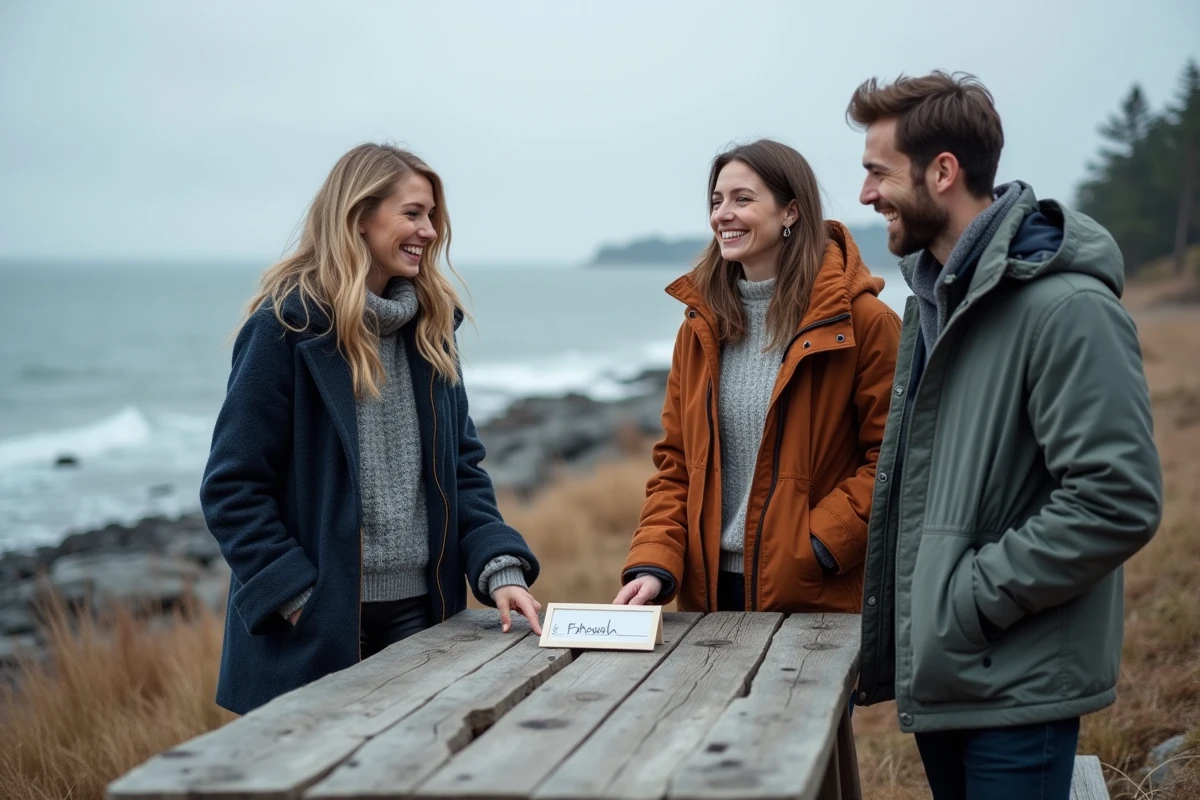 Groupe d'adultes en tenues nordiques autour d'une table en bois flotté sur une côte scandinave, riant en regardant une carte de prénom