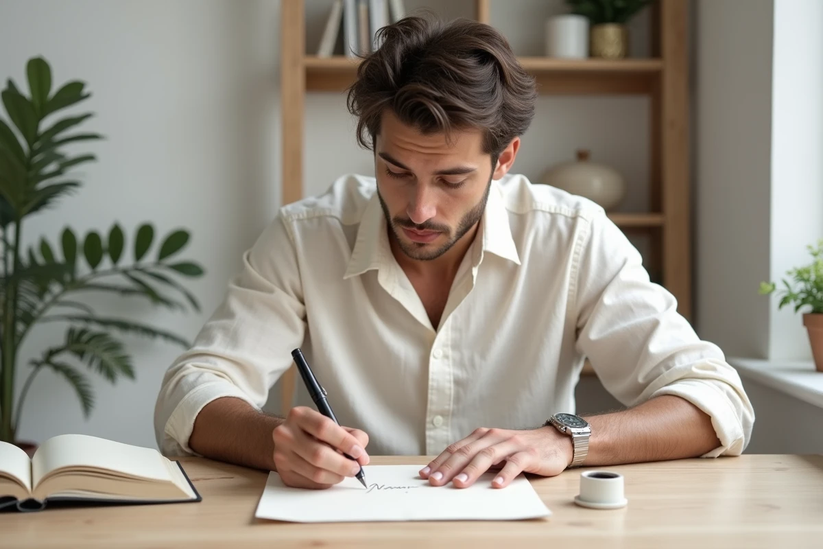 Jeune homme en chemise lin écrit un prénom nordique à la plume sur papier épais dans un bureau scandinave minimaliste