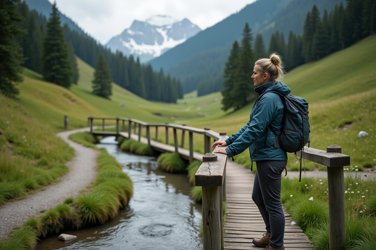 Femme en veste de randonnée sur pont en alpage