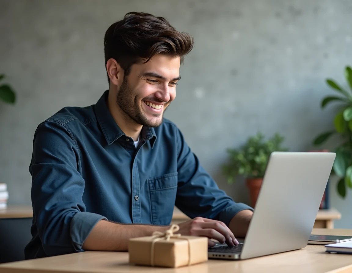 Homme tapant un message de remerciement moderne sur un ordinateur portable avec un cadeau posé sur son bureau