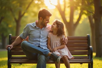 Adulte et enfant intérieur assis sur un banc ensoleillé