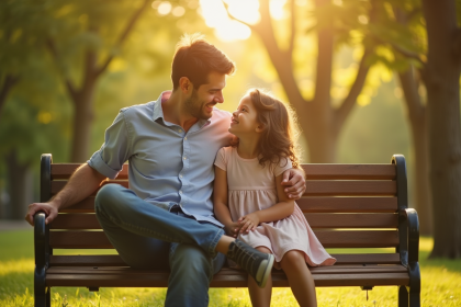 Adulte et enfant intérieur assis sur un banc ensoleillé