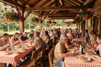 Terrasse de restaurant alsacien dans un parc d'attractions avec spécialités locales tarte flambée et choucroute servies en famille