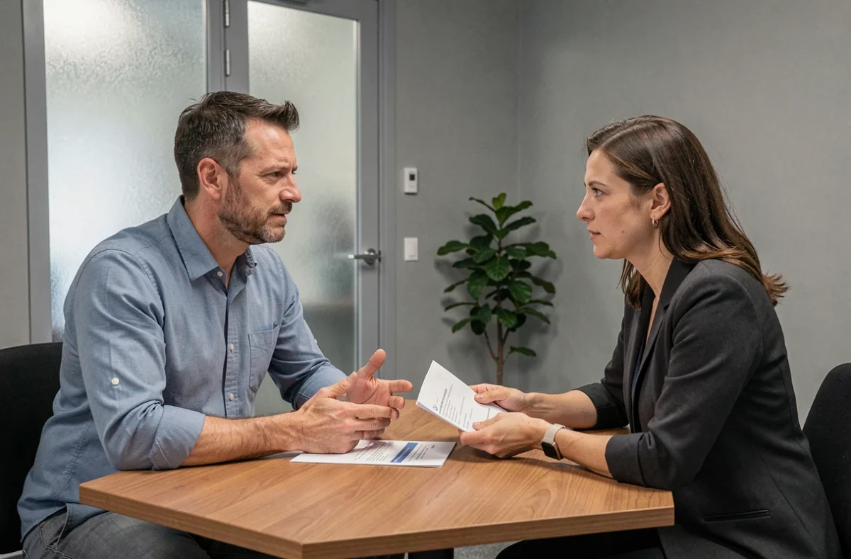 Salarié discutant d'un refus de congé parental avec un responsable RH dans une salle de réunion