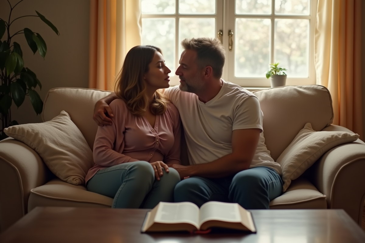 Deux personnes se réconfortant avec une Bible dans un salon lumineux