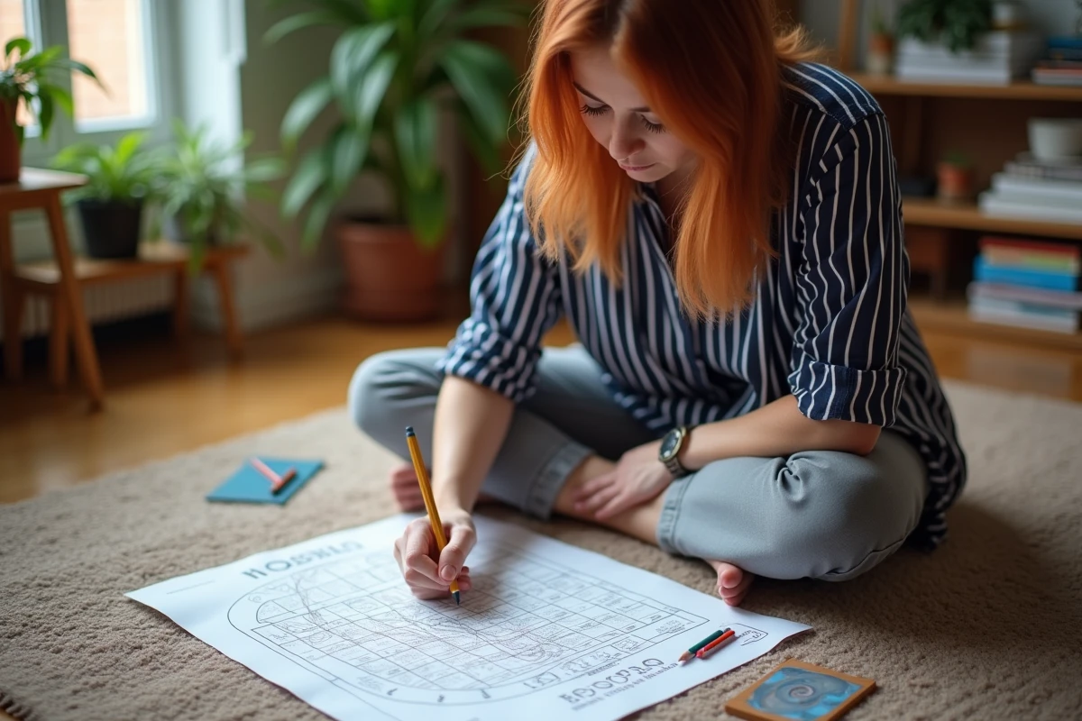 Femme dessinant un schéma détaillé du plateau de Trivial Pursuit sur du papier quadrillé avec des crayons de couleur