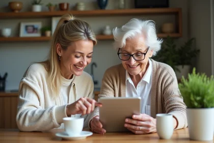 Femme âgée souriante utilisant une tablette avec sa fille dans la cuisine
