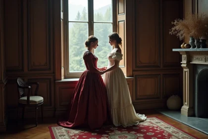 Deux jeunes femmes en robes de cour du XIXe siècle, évoquant Sissi et sa sœur dans un décor de palais bavarois