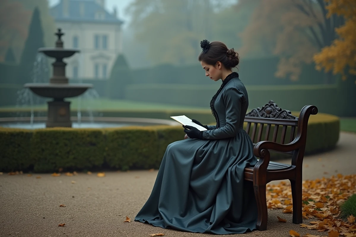 Femme seule en robe de deuil victorienne dans un jardin de palais européen tenant une lettre, symbolisant la sœur oubliée de Sissi