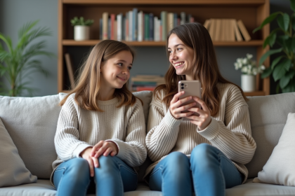 Deux soeurs adolescentes assises sur un canapé moderne dans un salon cosy