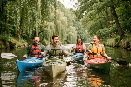 Groupe d'amis faisant du kayak sur une rivière en Seine-et-Marne entourée de forêt verdoyante